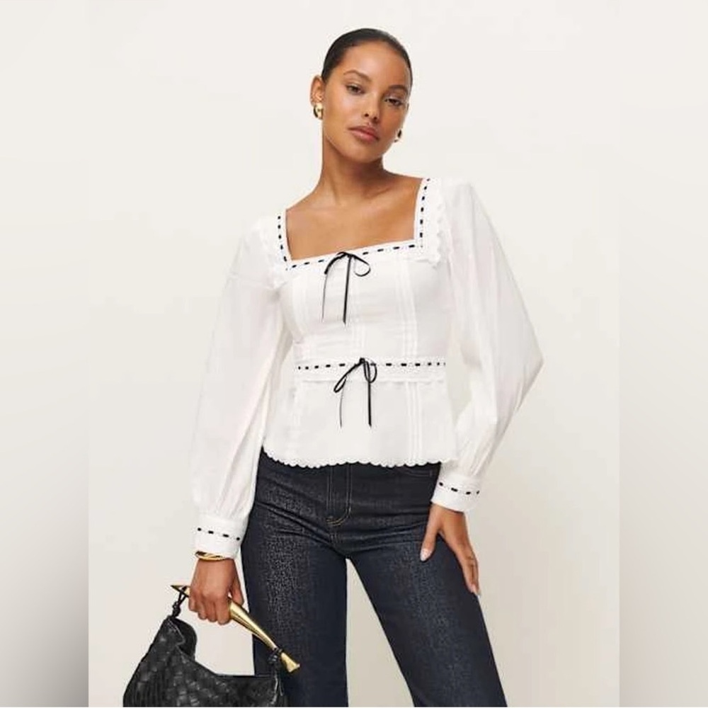 Reformation White Black Ribbon Haisley Top - Size 2